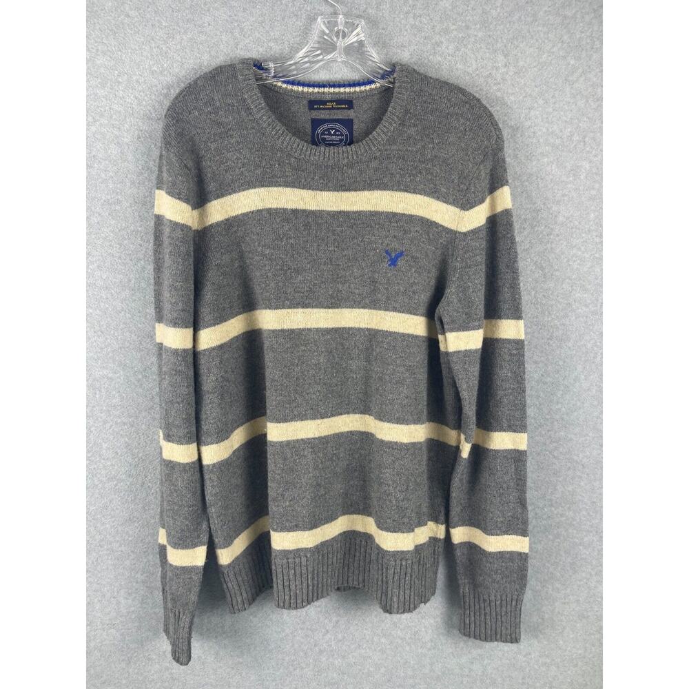 American Eagle Sweater Men's Size M Gray Striped Athletic Fit Crew Neck Pullover
